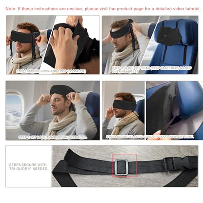 Travel Pillows for Airplanes, Airplane Head Strap with Silk Eye Mask for Sleeping, Long Flights & Car Road Trips 360°Headrest Neck Support, Stops Bobbing, Small & Compact（Black） - color: Black