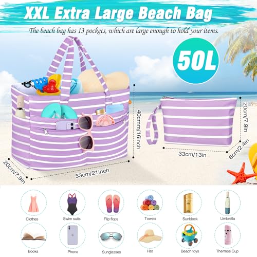 HUANLANG Extra Large Beach Bag Waterproof Beach Totes Bags for Women Men,Pool Bag with Zipper Wet Pocket - color: Purple White