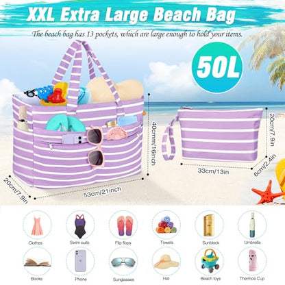 HUANLANG Extra Large Beach Bag Waterproof Beach Totes Bags for Women Men,Pool Bag with Zipper Wet Pocket - color: Purple White