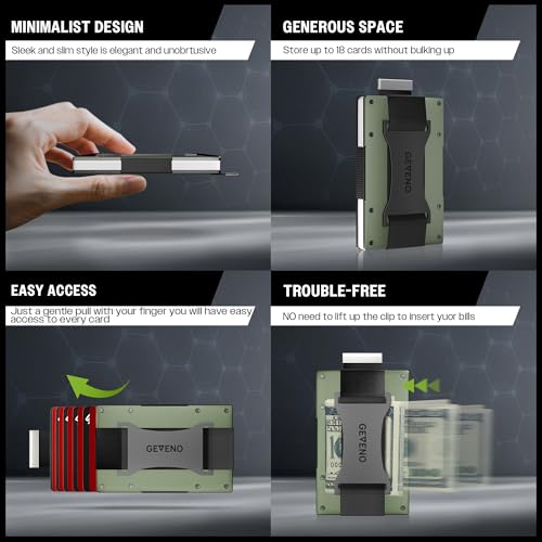 Slim Ridge Wallet for Men–Metal Minimalist RFID 1–21 Card Holder - color: Olive Green, style: Cash Strap