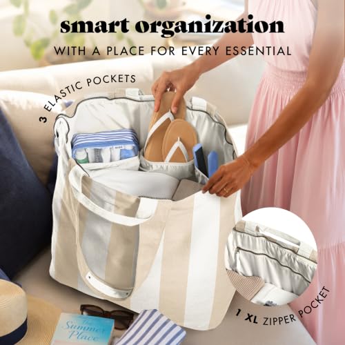 Fit & Fresh All The Things XL Beach Bag for Women, Oversized Travel Tote - color: Taupe Stripe