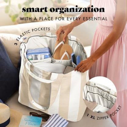Fit & Fresh All The Things XL Beach Bag for Women, Oversized Travel Tote - color: Taupe Stripe
