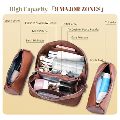 BOYATU Genuine Leather Travel Makeup Bag: Hand-made 3 Pcs Set Cosmetic Bags - color: 06Caramel
