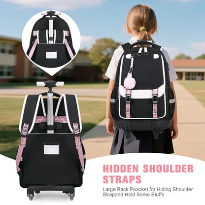 Bevalsa Rolling Backpack for Girls, 3PCS Roller School Backpack Set - color: Black White