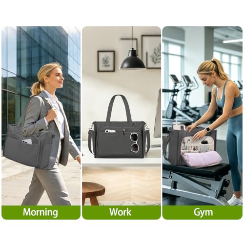 oscaurt Work Tote Bag for Women, 18 Pocket Laptop Tote, 15.6" Compartment - color: Dark Grey