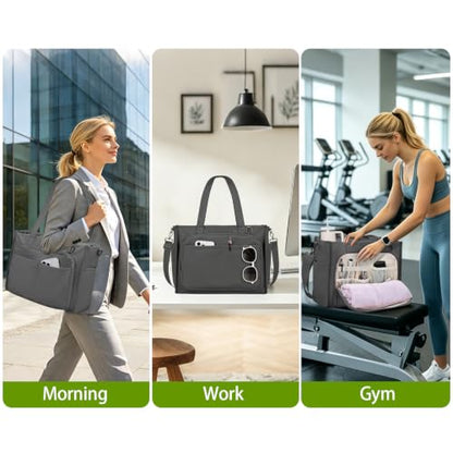 oscaurt Work Tote Bag for Women, 18 Pocket Laptop Tote, 15.6" Compartment - color: Dark Grey