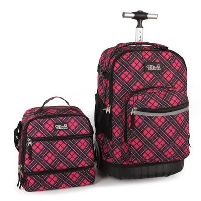 Tilami Rolling Backpack for Kids 19 inch with Lunch Bag Wheeled Laptop Backpack,Red grid - color: Red Grid