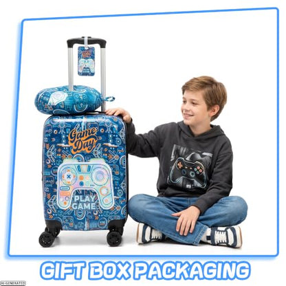 Kids Luggage Set Carry On Suitcase with U shaped Pillow Rolling Toddler Suitcase for Boys Travel Set Hardside Luggage with Spinner Wheels Airline Approved, Game Controller Pattern - color: 1 Game Controller