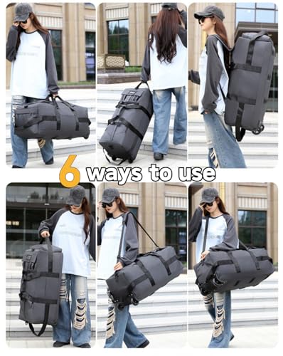 Rolling Duffle Bag with Wheels, 80L 28” Folding Duffle Backpack Soft-Sided with 2 Wheels, 6-way Carry-On Large Travel Bag Men/Women Multiple Pockets for Long Trip, Grey - color: Grey