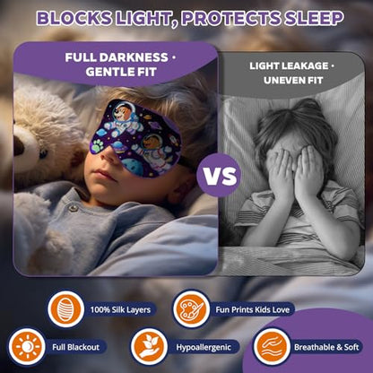 Kids Silk Sleep Mask, 100% Mulberry Silk Eye Mask with Adjustable Strap - color: Space Dog Style