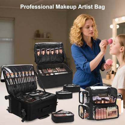 TANTO Rolling Makeup Train Case, Makeup Bag with 7 Pouches & Brush Holder - color: 04-Black（2 in 1） +Brush Bag