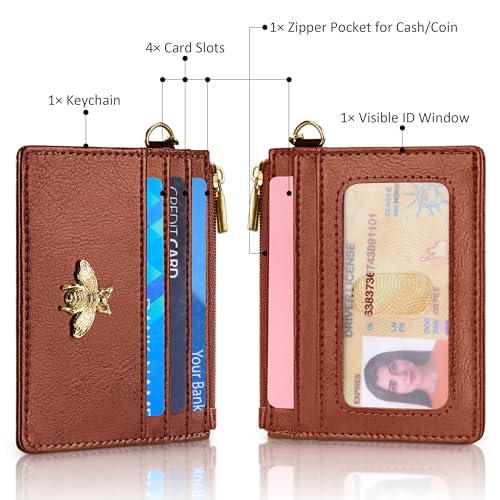 SEAVILIA Card Holder Keychain Wallet for Women with ID Window RFID Coin Purse Bee Gifts Slim Minimalist Small Wallet - color: Brown