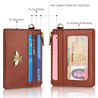 SEAVILIA Card Holder Keychain Wallet for Women with ID Window RFID Coin Purse Bee Gifts Slim Minimalist Small Wallet - color: Brown