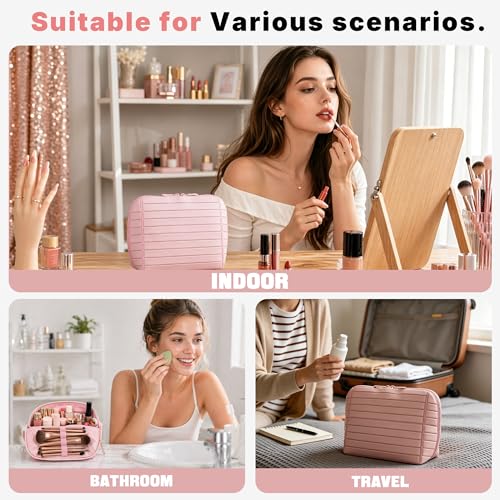 Travel parallel vertical Makeup Bag with Fold-Down Design and Adjustable Dividers,upright Cosmetic Toiletry Bags Brown - color: Brown