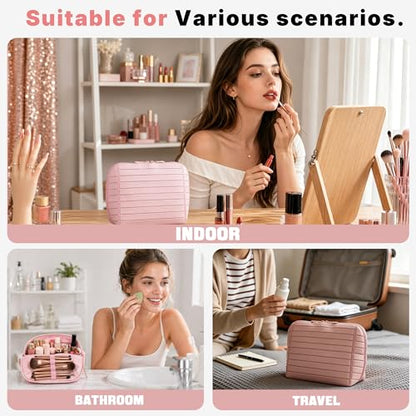 Travel parallel vertical Makeup Bag with Fold-Down Design and Adjustable Dividers,upright Cosmetic Toiletry Bags Pink