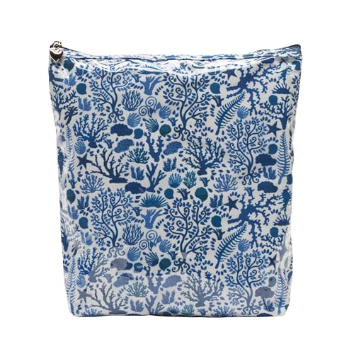 Large Cosmetic Bag – Water-Resistant Makeup & Toiletry Bag with PVC-Lined Interior, Travel Beauty Organizer, Blue Seashells - color: Blue Seashells, size: Large Cosmetic Bag