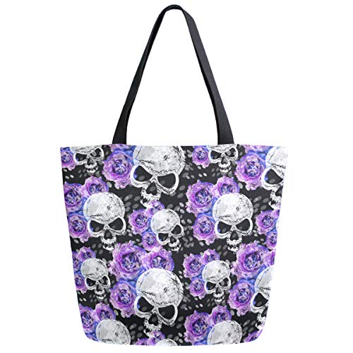 Woman's Violet Flowers and Skulls Pattern Large Canvas Long Handle Tote Bag | Fashion & Casual,with Zipper Pocket,for Gym Reusable Grocery Bags Shopping Daily Weekender,Beach Travel Gifts for Men Women - style: Flowers&skulls