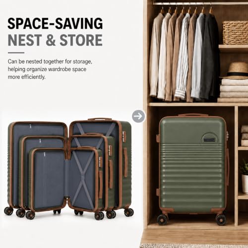 CONCEPTEN Luggage Sets 5 Piece, ABS+PC Hardshell Suitcases with Wheels - color: Olive Drab, size: 5 Piece Sets (20/24/28/Db/Tb)