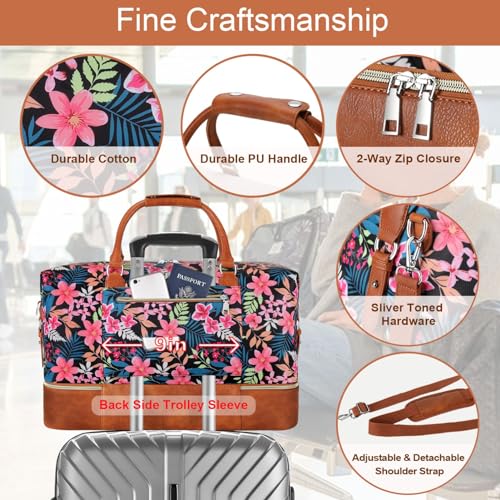 ITIEZY Weekender Bag for Women 21.5" Travel Duffel Large Carry On Bag 3PCS - color: 9-Black Fower