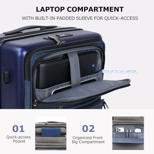 VANKEAN 20 Inch Expandable Hardshell Spinner TSA USB Port Carry-On Approved - color: Navy