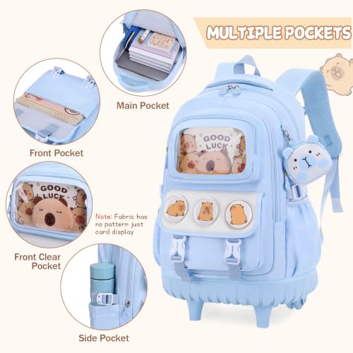 Capybara Rolling Backpack for Girls with Lunch Box & Pencil Case - color: Blue