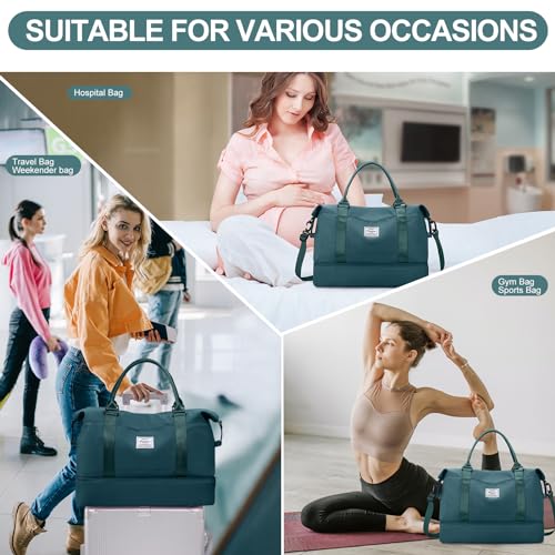 Weekender Bags for Women,Travel Duffle Overnight Bag with Shoe Compartment - color: A-Peacock Blue-3Pcs-0022, size: Large