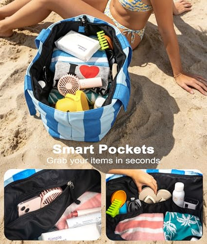 Oceanae Beach Bags Waterproof Sandproof, XL Large Pool Tote Bag with Zipper for Women - color: Mint Green + White