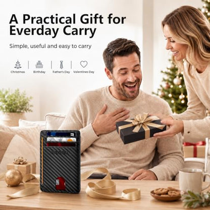 RUNBOX Slim Wallet for Men and Women, RFID Blocking Leather Card Holder - color: Carbon Fiber Black