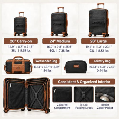 Cobens Luggage Sets 5 Piece, Suitcases with Wheels, 20"/24"/28",Black - color: Black, size: 5 Piece Sets (20/24/28/DB/TB)