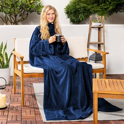 PAVILIA Blanket with Sleeves for Adult Women Men, Soft Warm Wearable Blanket Fleece Wrap Throw, Robe Blanket Gift - color: Navy