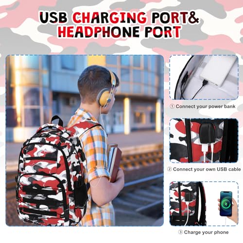 ACESAK 3PCS Camo Backpack for Boys with Lunch Box Pencil Case - color: Red White