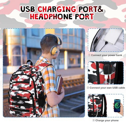 ACESAK 3PCS Camo Backpack for Boys with Lunch Box Pencil Case - color: Red White