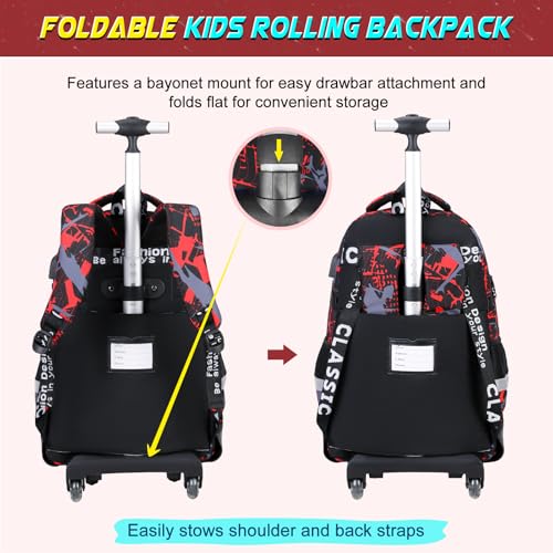 Scothen Cool Luminous Rolling Backpack for Boys with Lunch Bag Pencil Pouch - color: Red