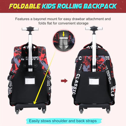 Scothen Cool Luminous Rolling Backpack for Boys with Lunch Bag Pencil Pouch - color: Red