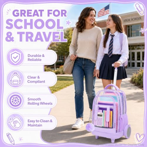 KLFVB Women & Girls Clear Rolling Backpack with Big Quiet-Glide Wheels, 3-in-1 Transparent Wheeled Commuter Set with Lunch Bag | Water-Resistant See-Through Roller Bag for Travel, School - Purple - color: Purple Clear Rolling Backpack with Big Wheels