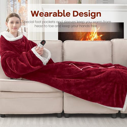 MAXEVE Heated Wearable Blanket with Foot Pocket & Sleeves Electric Snuggle - color: Wine, size: Long