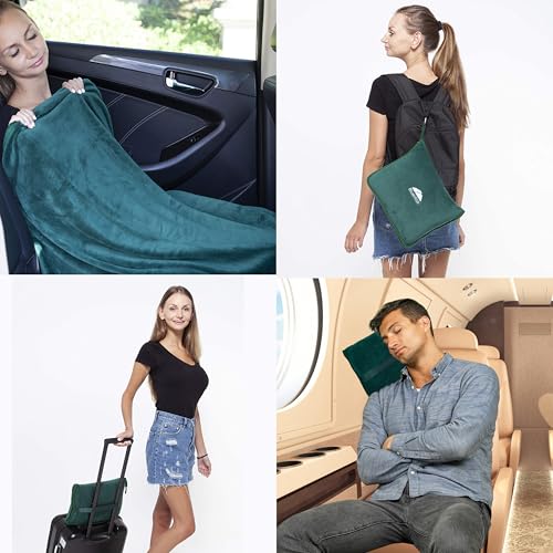 BlueHills Premium Soft Travel Blanket Pillow Flight Traveling - Dark Green - color: Green-1pk-t010