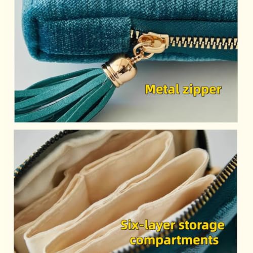 Small Travel Jewelry Pouch Velvet Case with Zipper 6 Compartment