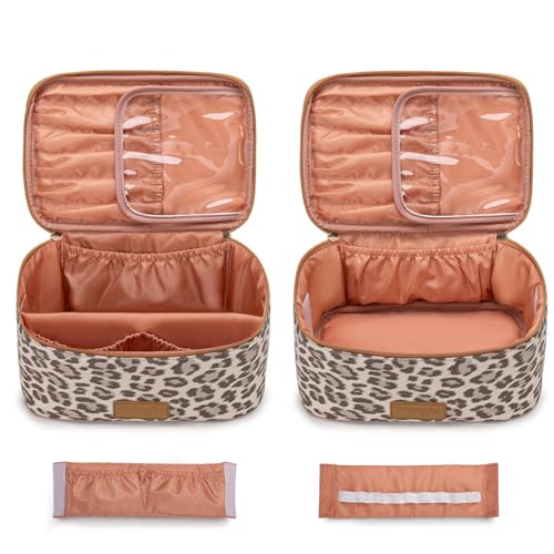 Wrangler Travel Makeup Bag 2pcs Set Cosmetic Bag with Makeup Brush Holder - color: Leopard-Khaki