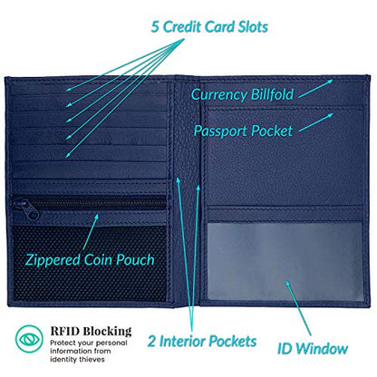 Deluxe Personalized Monogrammed Navy RFID Leather Passport Wallet - color: Navy, style: Deluxe