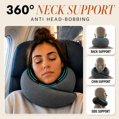sleepfly Travel Neck Pillow with Hood - Travel Essentials Kit : Hooded Pillow, Eye Mask, Silicone Earplugs & Storage Bag - Ergonomic Memory Foam Neck Support for Airplane