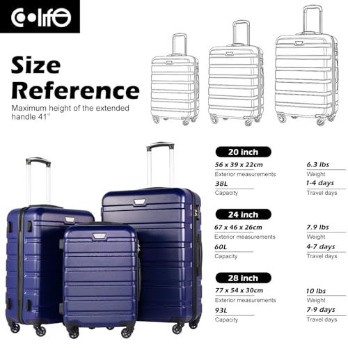 Coolife Luggage Set, 3 Piece Lightweight Durable Hardshell, Navy - color: Navy