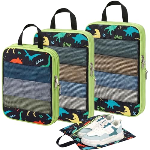 Kids Compression Packing Cubes - 4 PCS Sets, Black Dinasour | Water Resistant 4 Piece Set with Shoe Bag, Toddler Suitcase Organizer Set, Expandable Storage for Luggage - color: Black Dinosaur