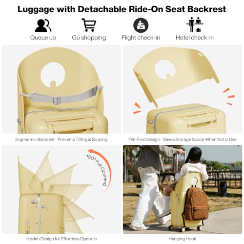 mixi 20 Inch Ride On Suitcase for Kids Luggage with Seat, Lark Yellow - color: Lark Yellow
