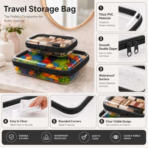 2 Pack Clear Hard Shell Zipper Case Travel Organizer for Makeup Toiletries - color: Black