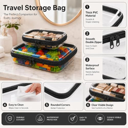 2 Pack Clear Hard Shell Zipper Case Travel Organizer for Makeup Toiletries - color: Black