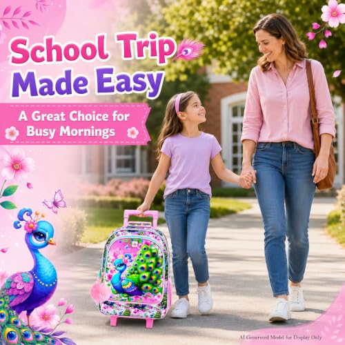 UFNDC 4PCS Girls Backpack with Wheels, Cute Kids Peacock Wheeled Backpack，Roller School Bag with Wheels for Elementary Preschool Travel - color: UV Printing Green Peacock Rolling Backpack