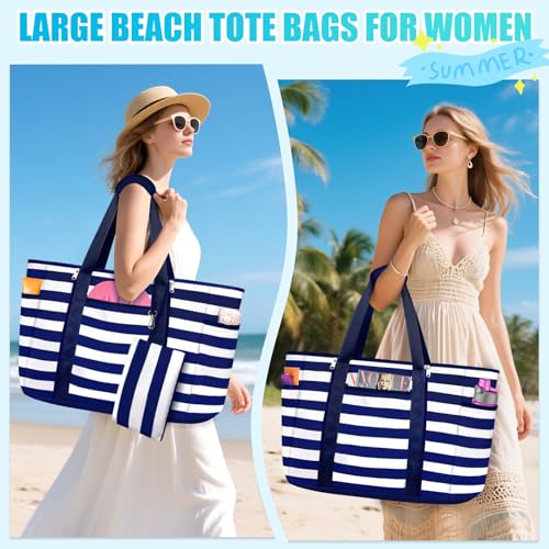 Extra Large Beach Bags for Women Waterproof Sandproof Beach Tote Bag - color: Navy Blue and White
