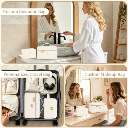 Women Daily Use & Travel Personalized Makeup Bag with Metal Letter Patch Y | Women Large Travel Custom Initial Makeup Bag, Cosmetic Organizer Spacious PU Leather Toiletry Case with Handle & Divider - size: Y