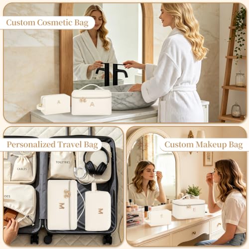 Women Daily Use & Travel Personalized Makeup Bag with Metal Letter Patch O | Women Large Travel Custom Initial Makeup Bag, Cosmetic Organizer Spacious PU Leather Toiletry Case with Handle & Divider - size: O